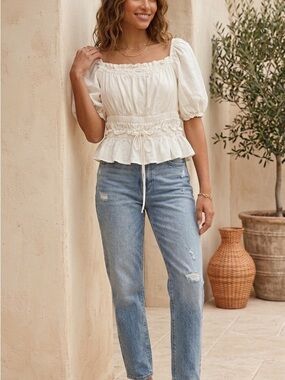 Chic Cream Puff Sleeve Blouse, babydoll top/shirt